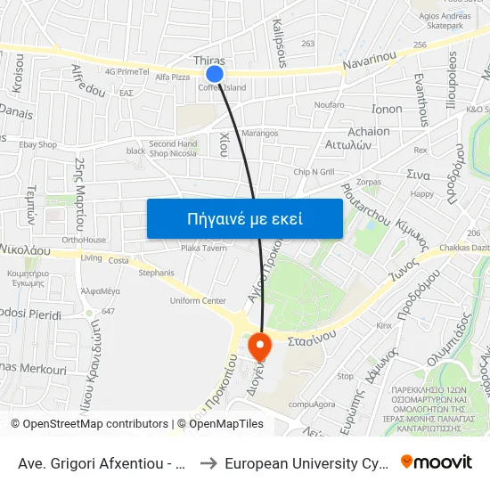 Ave. Grigori Afxentiou - Nikis to European University Cyprus map