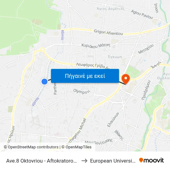 Ave.8 Oktovriou - Aftokratoros Ioustinianou to European University Cyprus map