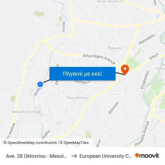 Ave. 28 Oktovriou - Mesolongiou to European University Cyprus map