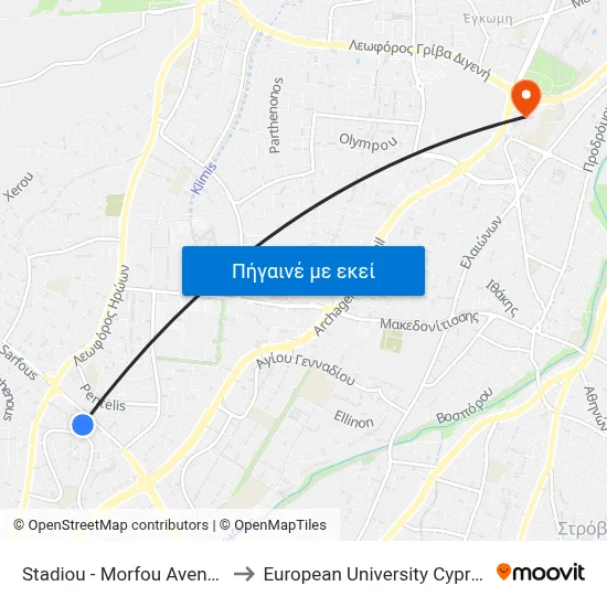 Stadiou - Morfou Avenue to European University Cyprus map