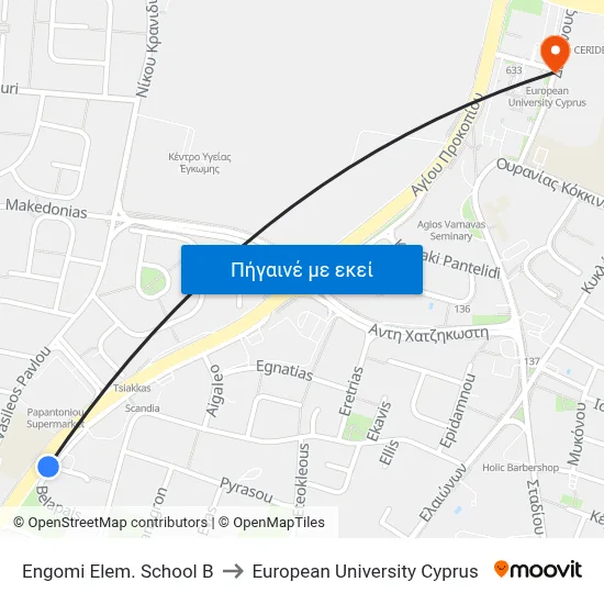 Engomi Elem. School B to European University Cyprus map