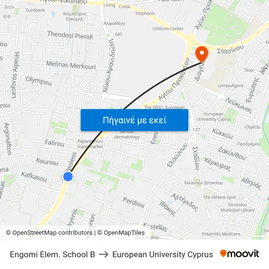 Engomi Elem. School B to European University Cyprus map