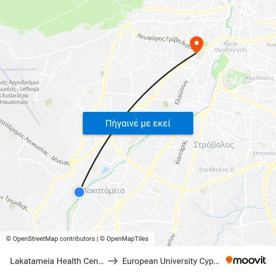 Lakatameia Health Centre to European University Cyprus map