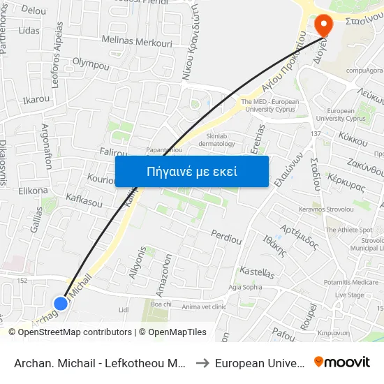 Archan. Michail - Lefkotheou Makariou Stadiou Ave. to European University Cyprus map