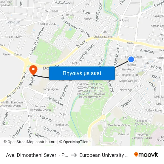Ave. Dimostheni Severi - Prespas to European University Cyprus map