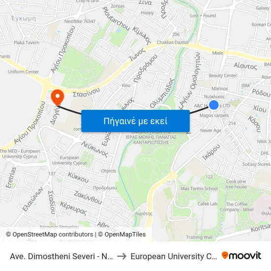 Ave. Dimostheni Severi - Nikitara to European University Cyprus map