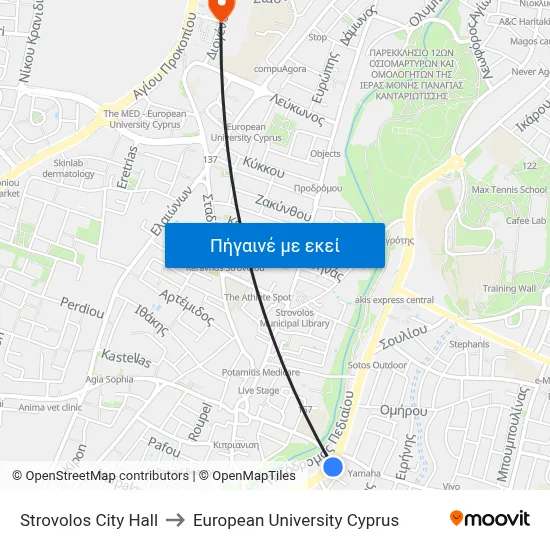 Strovolos City Hall to European University Cyprus map
