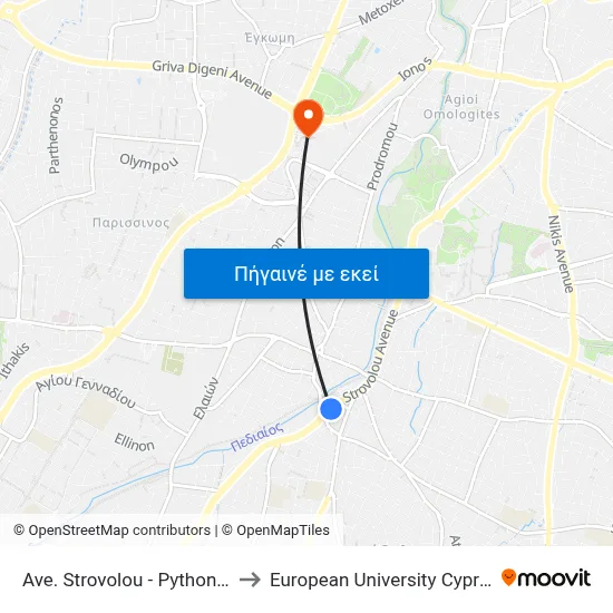 Ave. Strovolou - Pythonos to European University Cyprus map