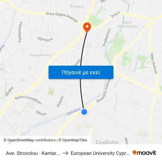 Ave. Strovolou - Kantaras to European University Cyprus map