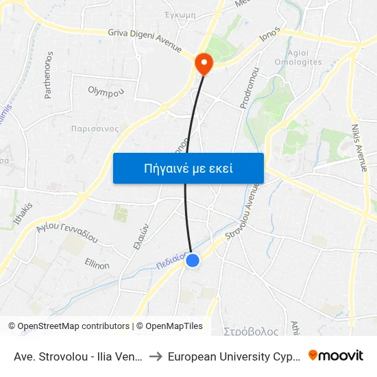 Ave. Strovolou - Ilia Venezi to European University Cyprus map