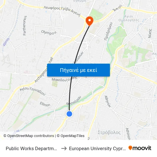 Public Works Department to European University Cyprus map