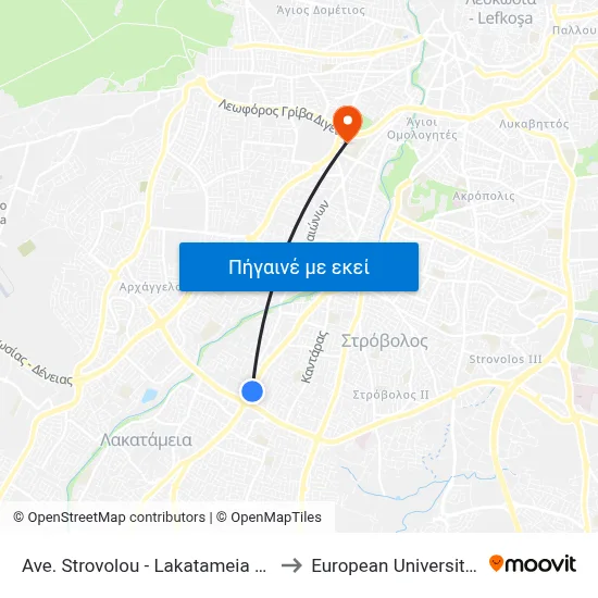 Ave. Strovolou - Lakatameia Roundabout to European University Cyprus map