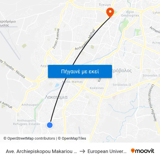 Ave. Arch. Makariou C - Dimitri Liperti to European University Cyprus map