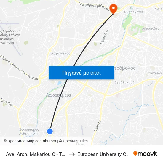Ave. Arch. Makariou C - Tseriou to European University Cyprus map