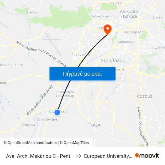 Ave. Arch. Makariou C - Pentadaktylou to European University Cyprus map