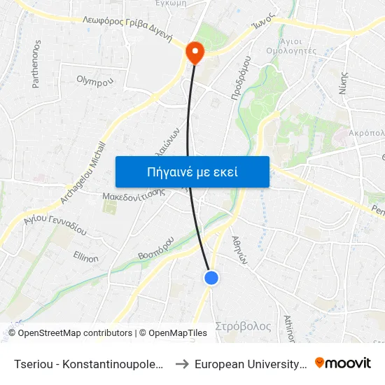 Tseriou - Konstantinoupoleos Avenue to European University Cyprus map