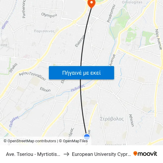 Ave. Tseriou - Myrtiotissis to European University Cyprus map