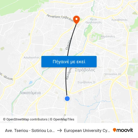 Ave. Tseriou - Sotiriou Lontou to European University Cyprus map