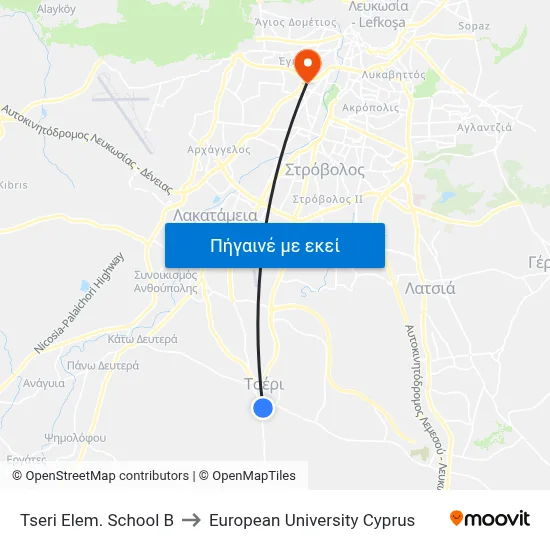 Tseri Elem. School B to European University Cyprus map