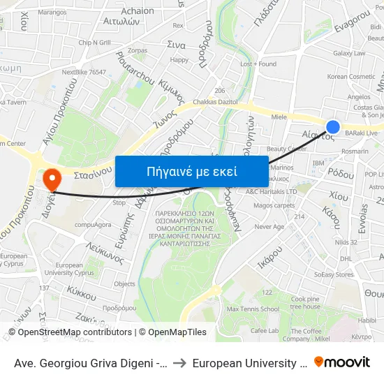 Ave. Georgiou Griva Digeni - Iasonos to European University Cyprus map