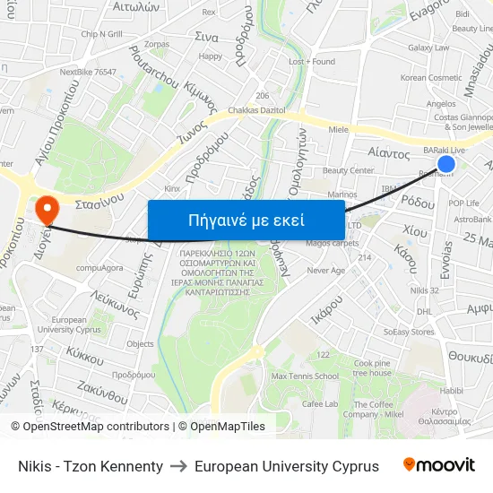 Nikis - Tzon Kennenty to European University Cyprus map
