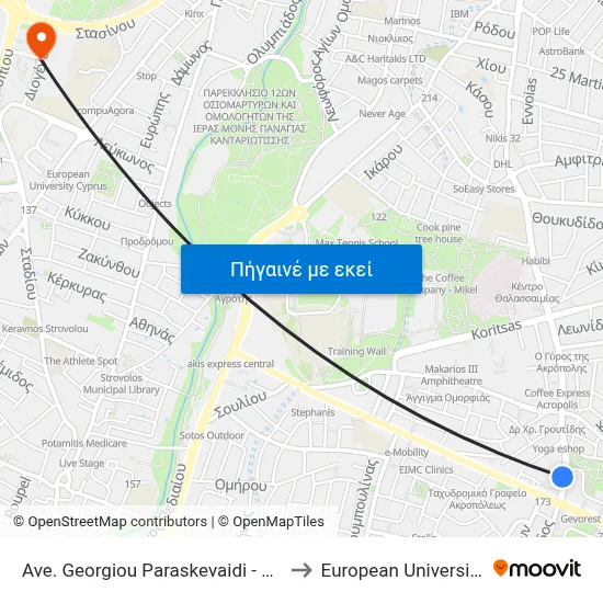 Ave. Georgiou Paraskevaidi - Akropolis Park to European University Cyprus map
