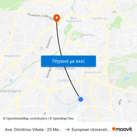 Ave. Dimitriou Vikela - 25 Martiou Avenue to European University Cyprus map