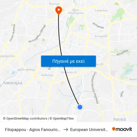 Filopappou - Agios Fanourios Church 2 to European University Cyprus map