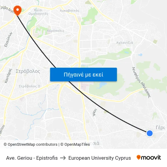 Ave. Geriou - Epistrofis to European University Cyprus map