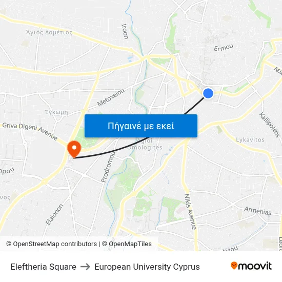 Eleftheria Square to European University Cyprus map