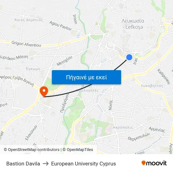 Bastion Davila to European University Cyprus map