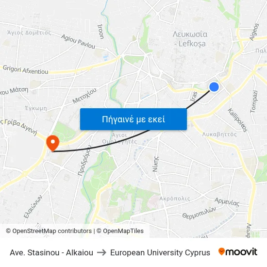 Ave. Stasinou - Alkaiou to European University Cyprus map