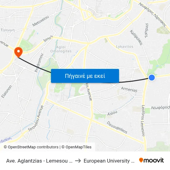 Ave. Aglantzias - Lemesou Avenue to European University Cyprus map