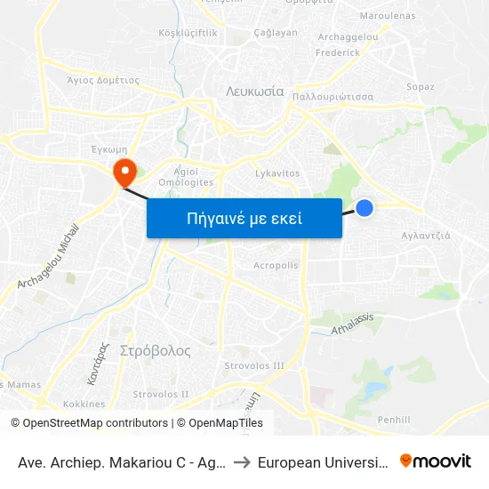 Ave. Archiep. Makariou C - Agamemnonos to European University Cyprus map
