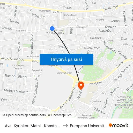 Ave. Kyriakou Matsi - Konstantinou Kanari to European University Cyprus map