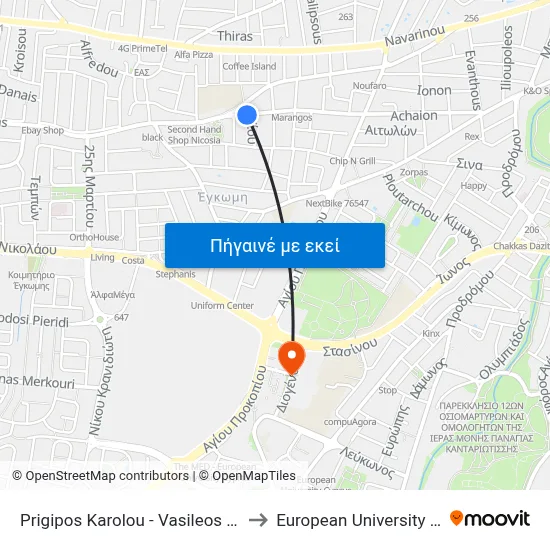 Prigipos Karolou - Vasileos Georgiou to European University Cyprus map