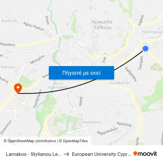 Larnakos - Stylianou Lena to European University Cyprus map