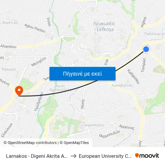 Larnakos - Digeni Akrita Avenue to European University Cyprus map