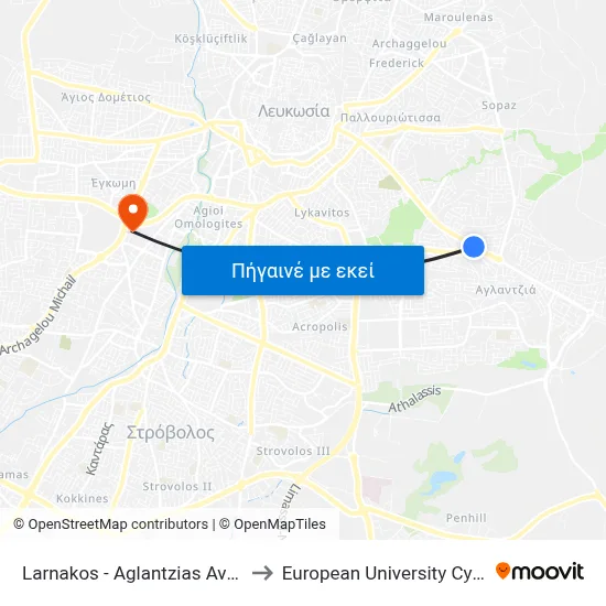 Larnakos - Aglantzias Avenue to European University Cyprus map