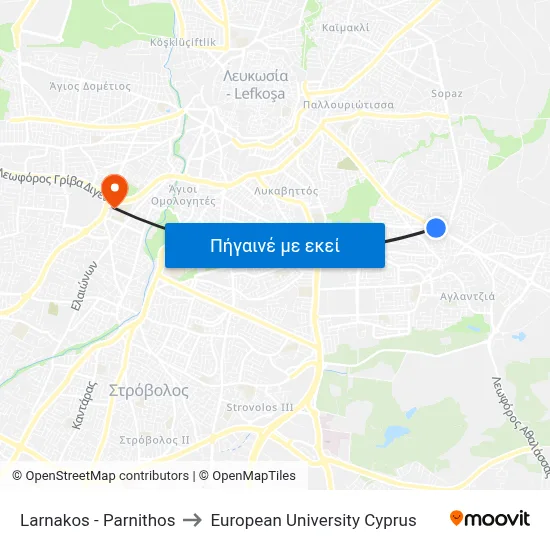 Larnakos - Parnithos to European University Cyprus map