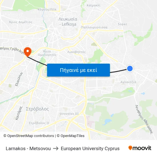 Larnakos - Metsovou to European University Cyprus map