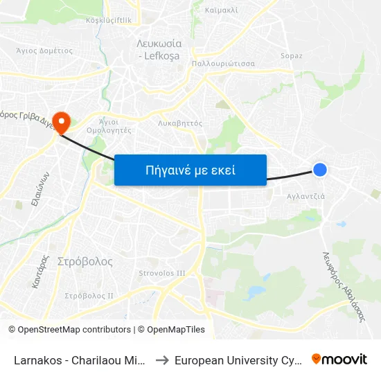 Larnakos - Charilaou Michail to European University Cyprus map