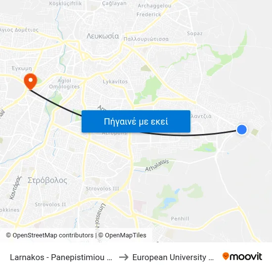 Larnakos - Panepistimiou Avenue to European University Cyprus map