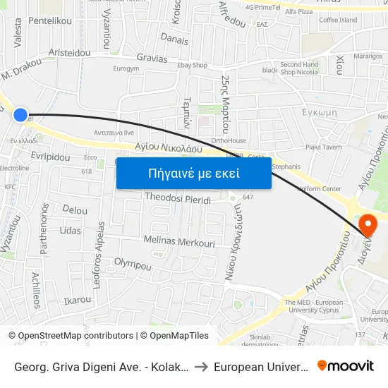 Georg. Griva Digeni Ave. - Kolakasidi Roundabout to European University Cyprus map