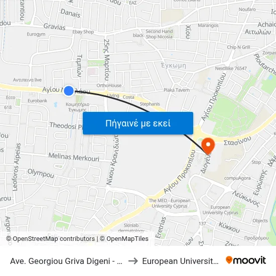 Ave. Georgiou Griva Digeni - Hilton Park to European University Cyprus map
