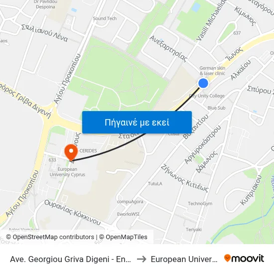 Ave. Georgiou Griva Digeni - Engomi High School to European University Cyprus map