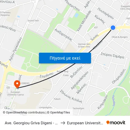 Ave. Georgiou Griva Digeni - Prodromou to European University Cyprus map