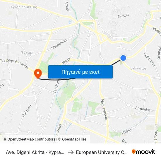 Ave. Digeni Akrita - Kypranoros to European University Cyprus map