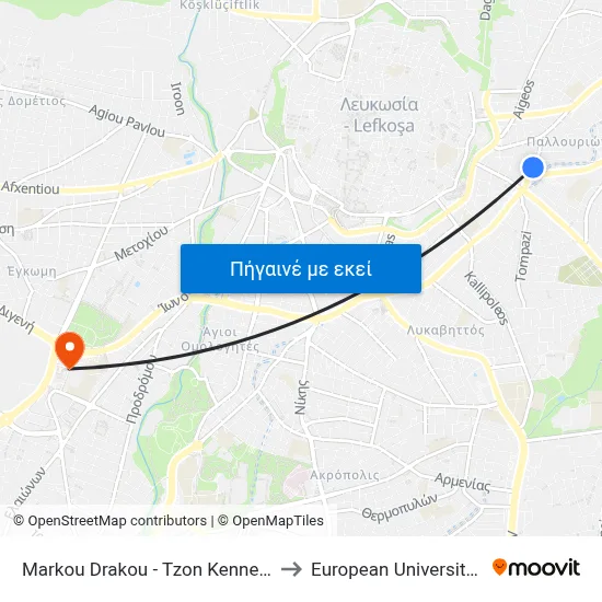 Markou Drakou - Tzon Kennenty Avenue to European University Cyprus map