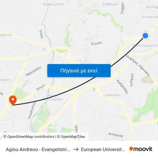 Ag. Andreou - Evangelistria Church to European University Cyprus map
